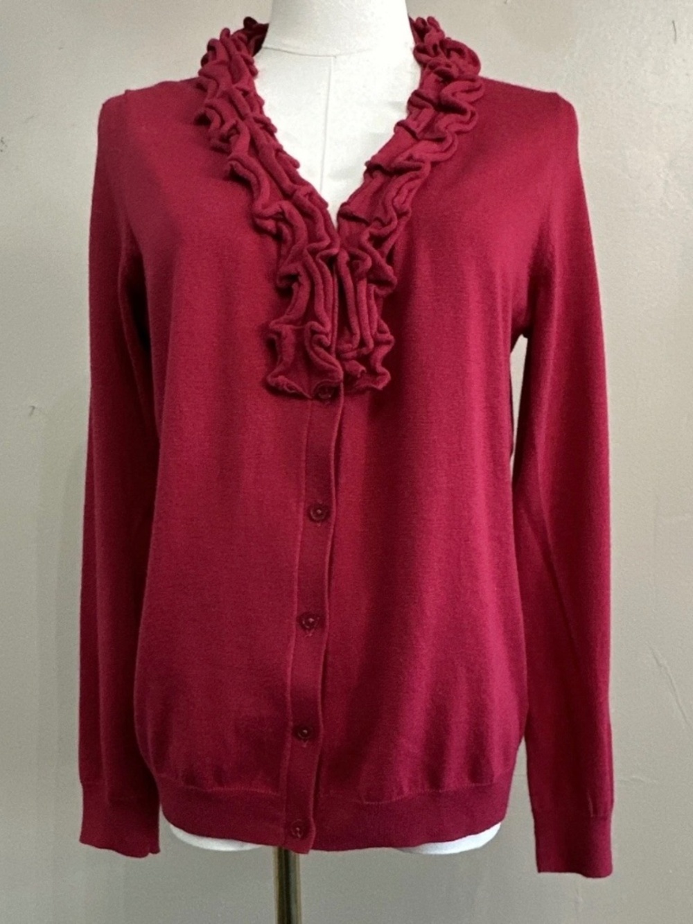 NWT Talbots Red V-Neck Long Sleeve Knit Ruffle Button Front Cardigan Sweater L
